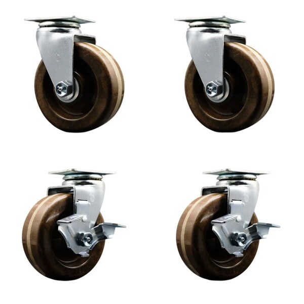 Service Caster 5'' High Temp Phenolic Swivel Caster Set with Bronze Bearings 2 Brakes, 4PK SCC-20S520-PHBZHT-2-TLB-2 - main